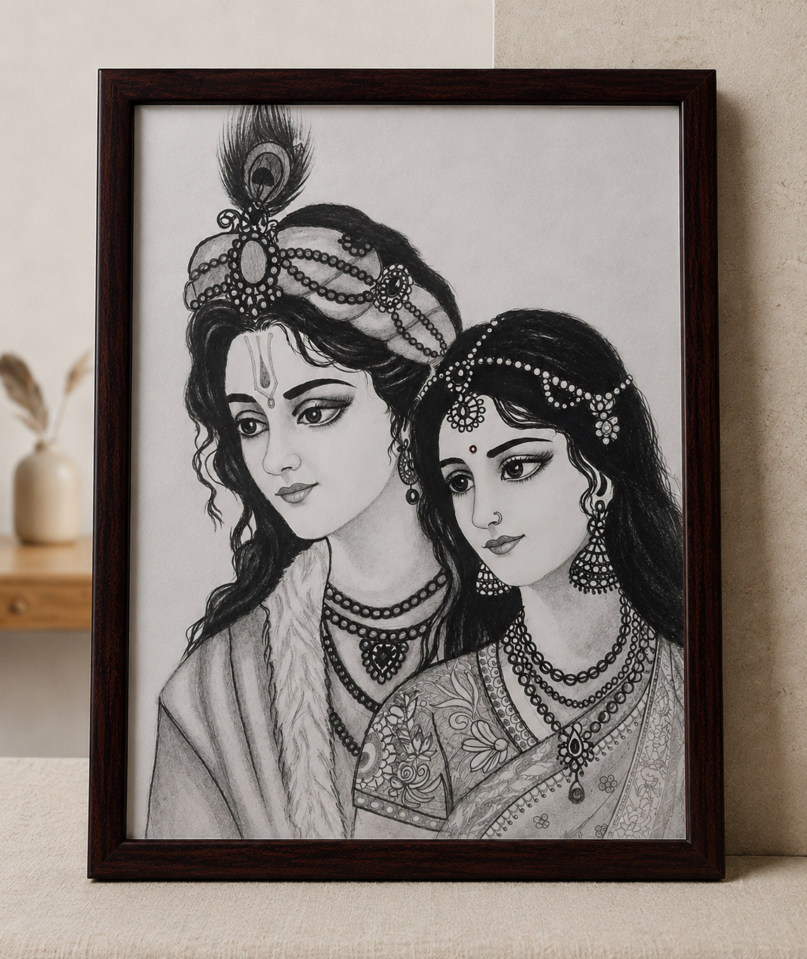 Divine Radha Krishna Original Handmade Pencil & Color Sketch Artwork
