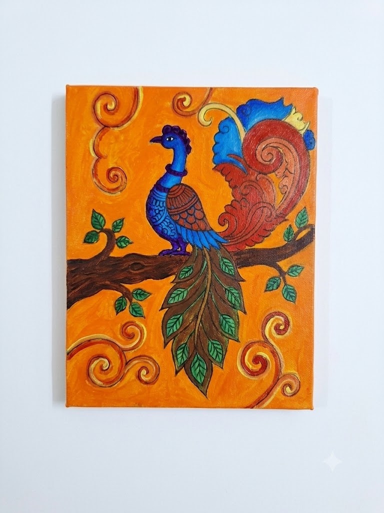Vibrant Peacock on a Branch – Traditional Folk Art Painting
